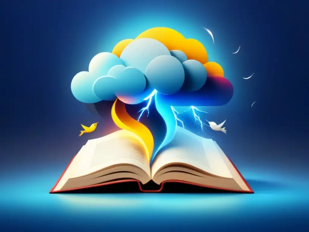 Una tormenta literaria transformadora: nubes, rayos y aves que emergen de un libro