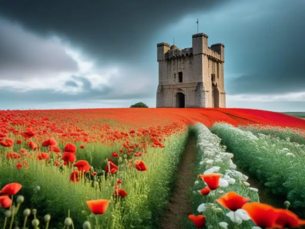 Torre de piedra en ruinas entre amapolas vibrantes bajo un cielo tormentoso, evocando poesía y profundidad en la Guerra Civil Española