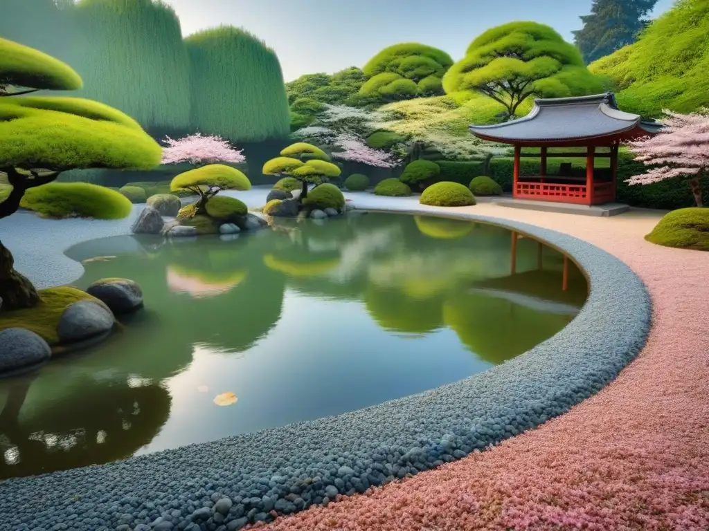 Jardín japonés tradicional con estanque de carpas koi y árboles de cerezo en flor