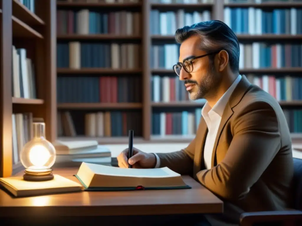 Un traductor experto trabaja en la traducción de un poema en una habitación llena de libros de poesía española, enfrentando desafíos