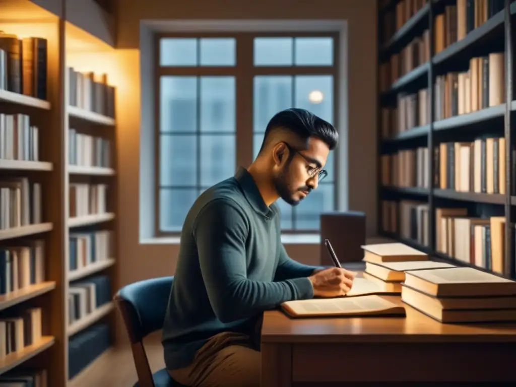 Un traductor solitario compara versos poéticos en una habitación iluminada por una cálida luz dorada