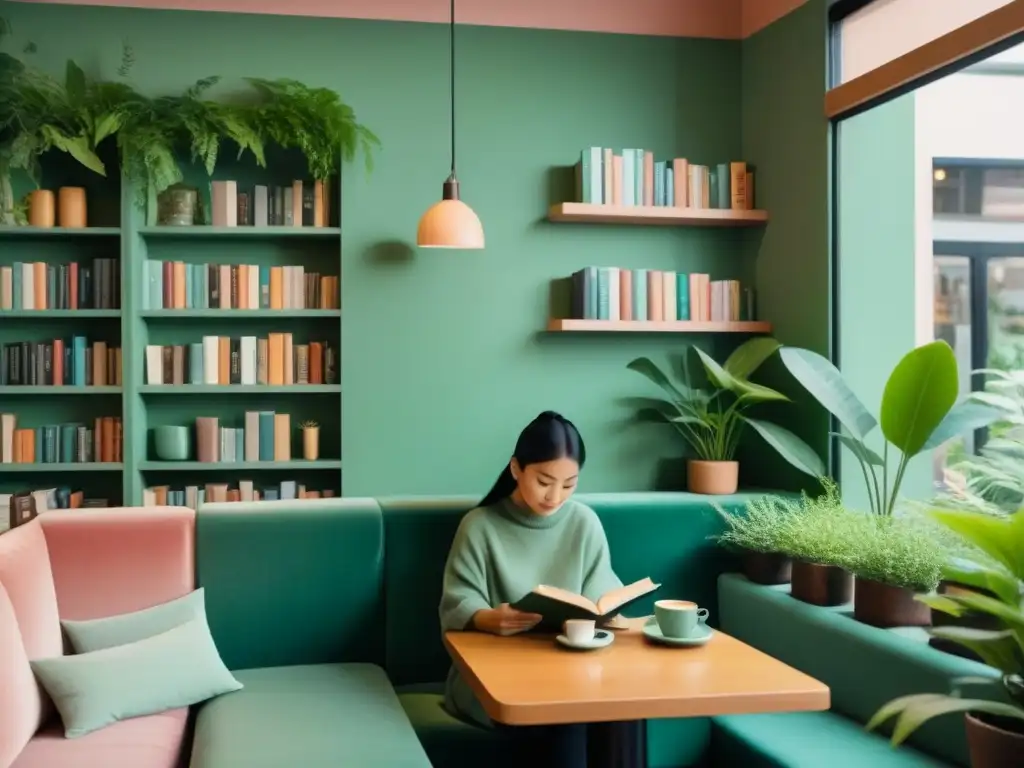 Un rincón tranquilo en una cafetería con libros, café y plantas