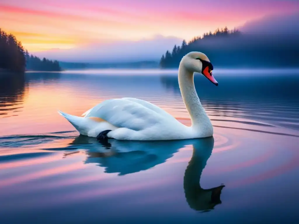 Un tranquilo lago reflejando un atardecer colorido, con un cisne solitario deslizándose elegante en el agua