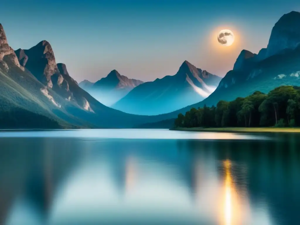 Un tranquilo lago reflejando la luna llena entre altas montañas, evocando transformación a través de la poesía