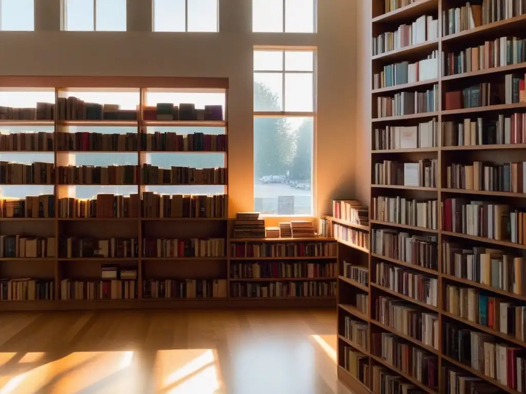 Un rincón tranquilo en una librería, con colecciones de poesía lírica transformadora iluminadas por el sol