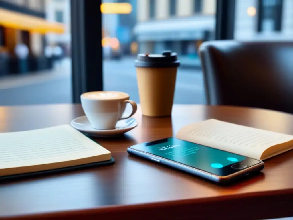 Un rincón tranquilo para poetas en movimiento: mesa de café con aplicación móvil de poesía abierta, libreta, pluma y café humeante