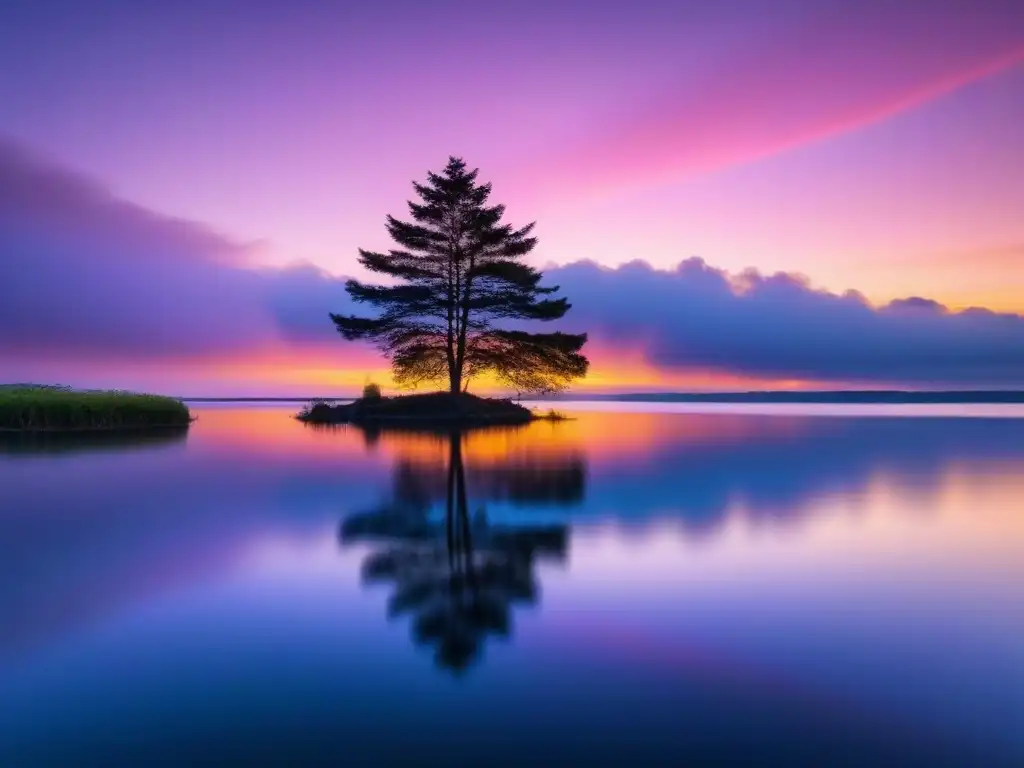 Poesía transformadora del alma: Un lago sereno reflejando un vibrante atardecer, con un solitario árbol en el horizonte