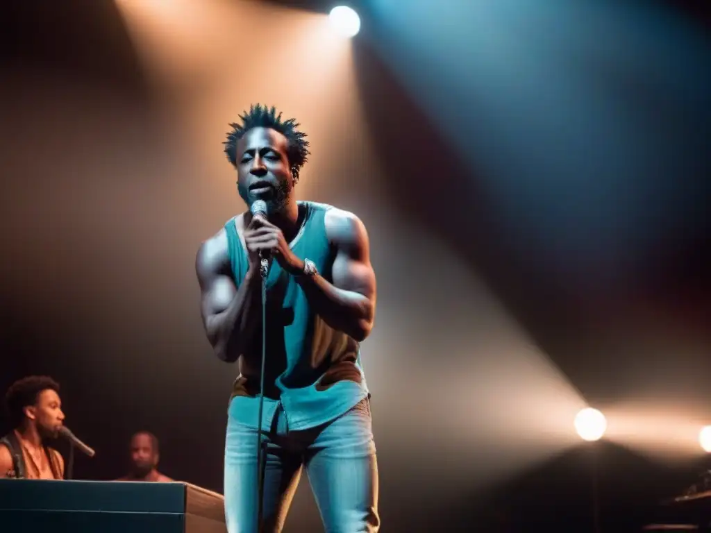 Saul Williams recita poesía transformadora en el escenario, iluminado por un foco, con ojos cerrados y micrófono en mano