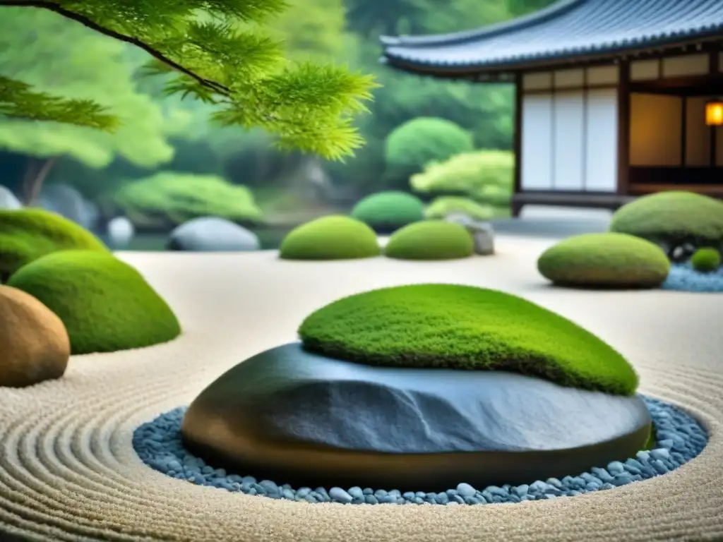 Poesía transformadora y filosofía espiritual: Jardín Zen japonés con gravilla blanca, rocas y vegetación exuberante