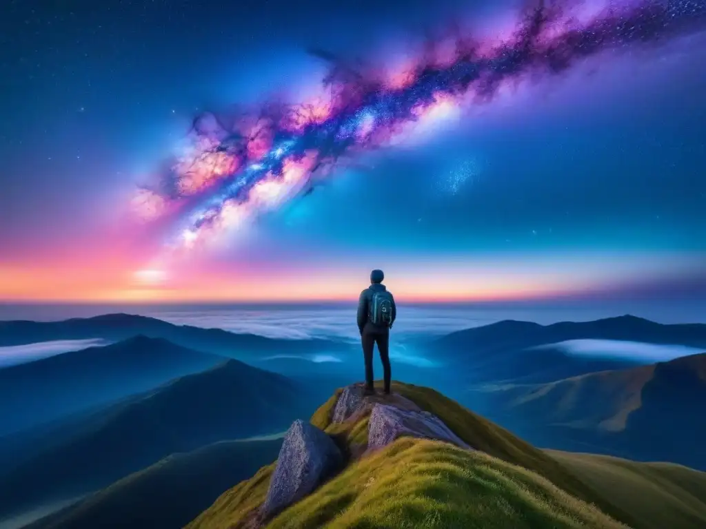 La transformadora poesía del ser: figura solitaria en la cima de la montaña, contemplando la galaxia de colores vibrantes