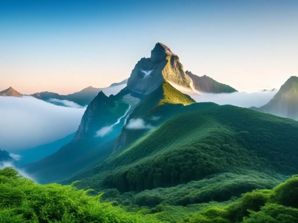 Poesía transformadora paisajes montañosos: cima majestuosa rodeada de exuberante vegetación bajo cielo azul claro