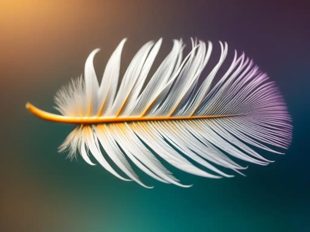 Poesía lírica transformadora: pluma delicada flotando en aire, detalle exquisito, luz suave y sombra, fondo de colores pastel