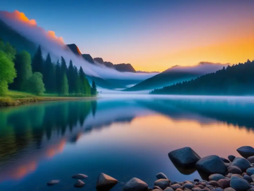 Poesía transformadora en publicidad: paisaje sereno al amanecer con lago calmado y árboles verdes