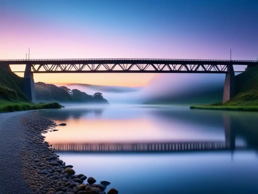 Poesía transformadora: puente reflejado en río sereno al amanecer, colores pastel evocan conexión y contemplación