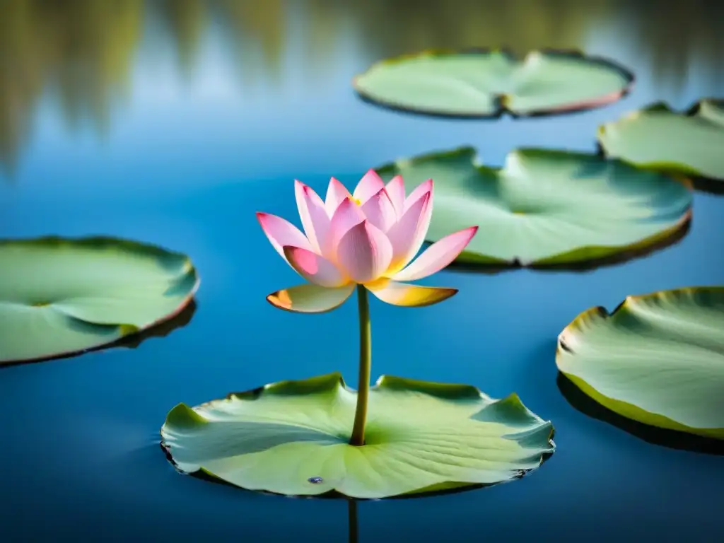 Transformación a través de la poesía: Un loto floreciendo en un estanque sereno, reflejando el cielo azul