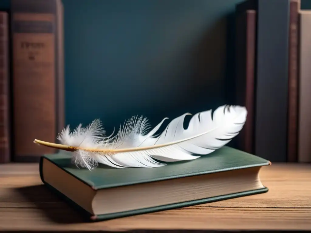 Transformación a través de la poesía: Una pluma blanca sobre libros de poesía usados, en un ambiente de contemplación