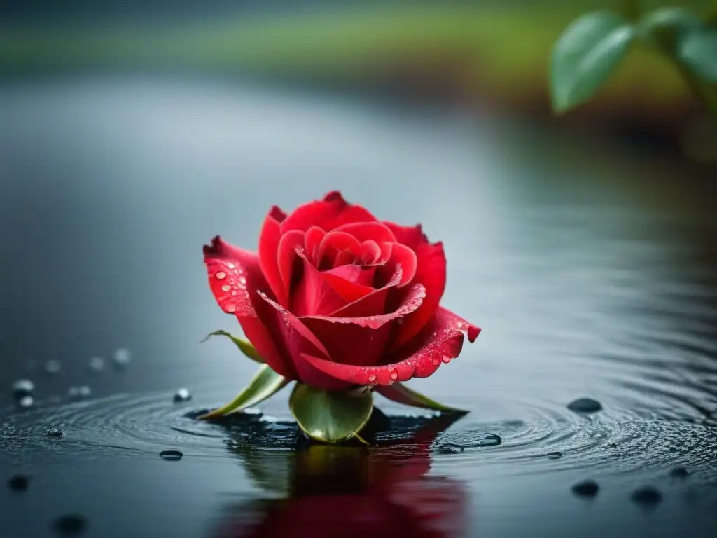 Transformación a través de la poesía: Una rosa roja en plena floración con gotas de agua, una imagen de belleza y profundidad lírica