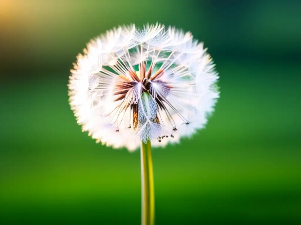 La transformación a través de la poesía: una semilla de diente de león flotando en el aire al atardecer en un prado, capturando fragilidad y belleza