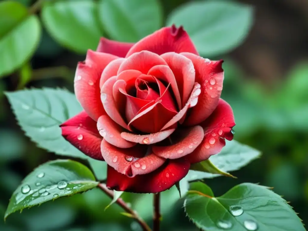 Transformación a través de la poesía: Detalle de una rosa roja con gotas de agua, resaltando su belleza natural y serenidad