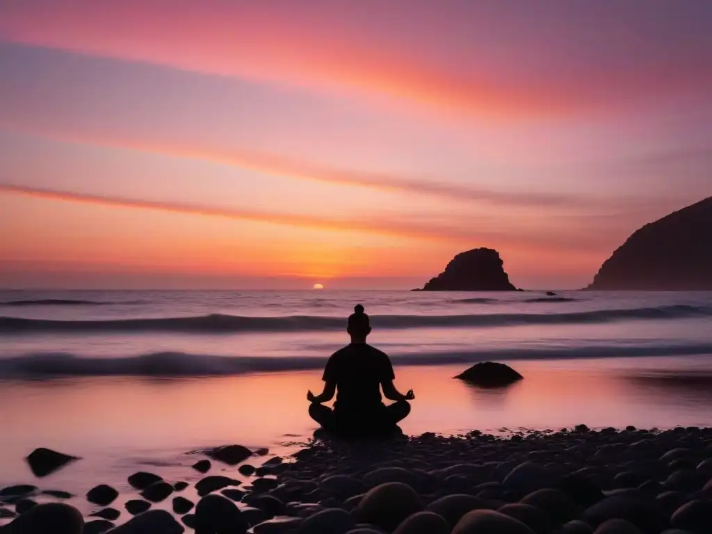 Transformación interior a través de la poesía: Amanecer vibrante sobre el mar, persona meditando en la costa rocosa