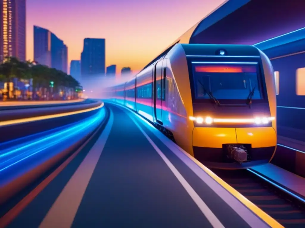 Avance tecnológico: tren futurista en ciudad digital nocturna Un tren futurista surca una ciudad digital nocturna con luces de neón, evocando el avance y la velocidad del Futurismo en la poesía