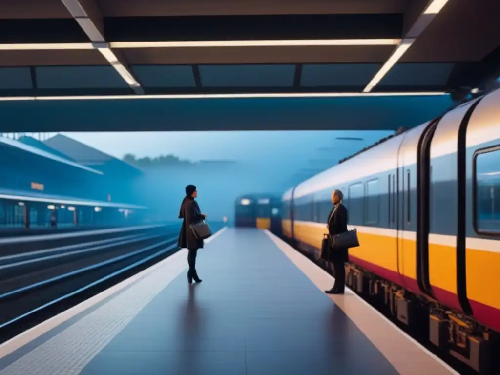 Estación de tren moderna al atardecer, desierta, con figura solitaria