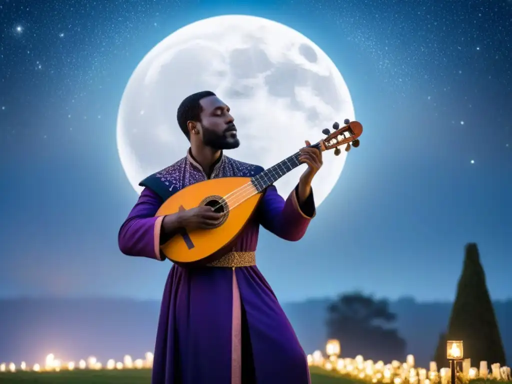 Un trovador tocando laúd bajo la luna llena, con patrones detallados en su capa y cielo estrellado, evocando el amor cortés poesía europea influencia