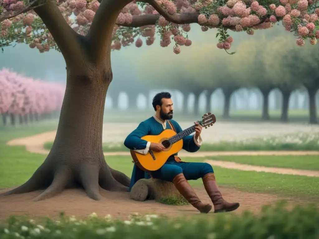 Un trovador medieval, Beatriz de Dia, tocando laúd bajo un árbol, rodeada de flores en plena poesía trovadoresca