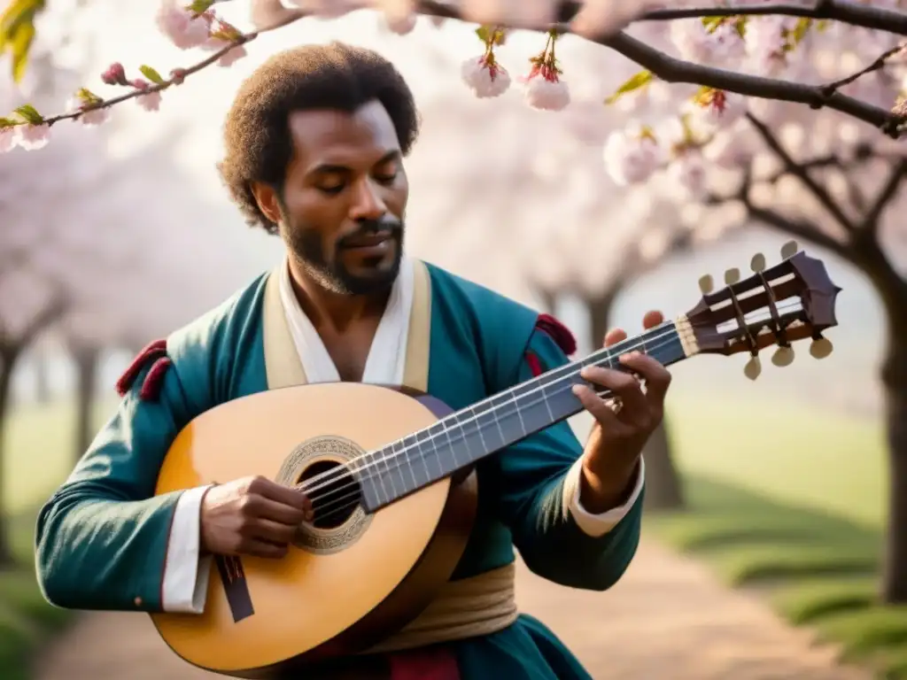 Un trovador medieval tocando laúd bajo un cerezo en flor, iluminado por la suave luz del sol