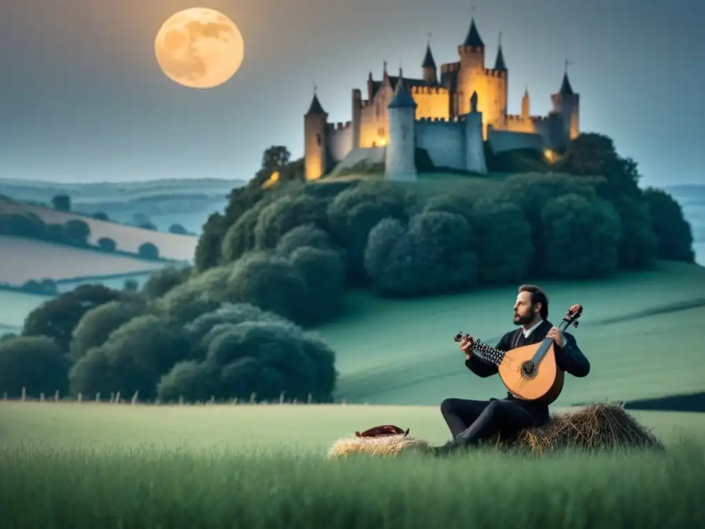 Un trovador medieval tocando laúd bajo la luna, rodeado de un paisaje sereno con un castillo al fondo, evocando la poesía lírica en la Edad Media