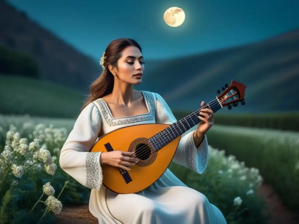 Un trovador medieval tocando laúd bajo la luna, evocando la poesía trovadoresca de Beatriz de Dia