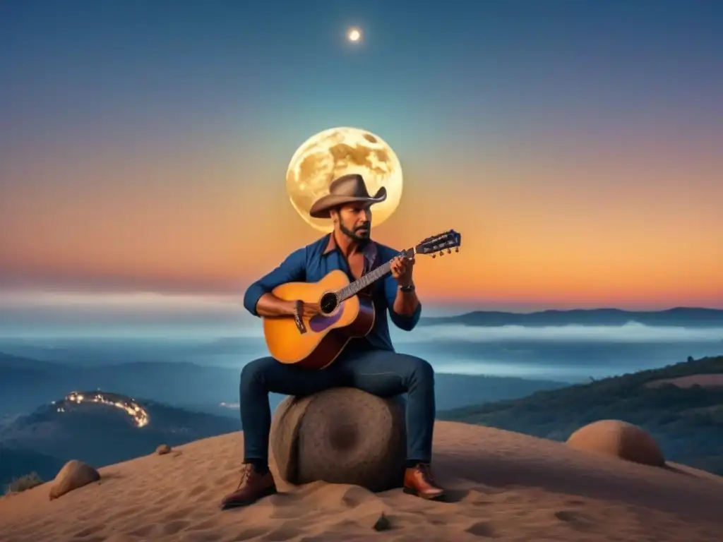 Un trovador solitario bajo un cielo estrellado, tocando la guitarra y cantando apasionadamente, con la luna iluminando la escena