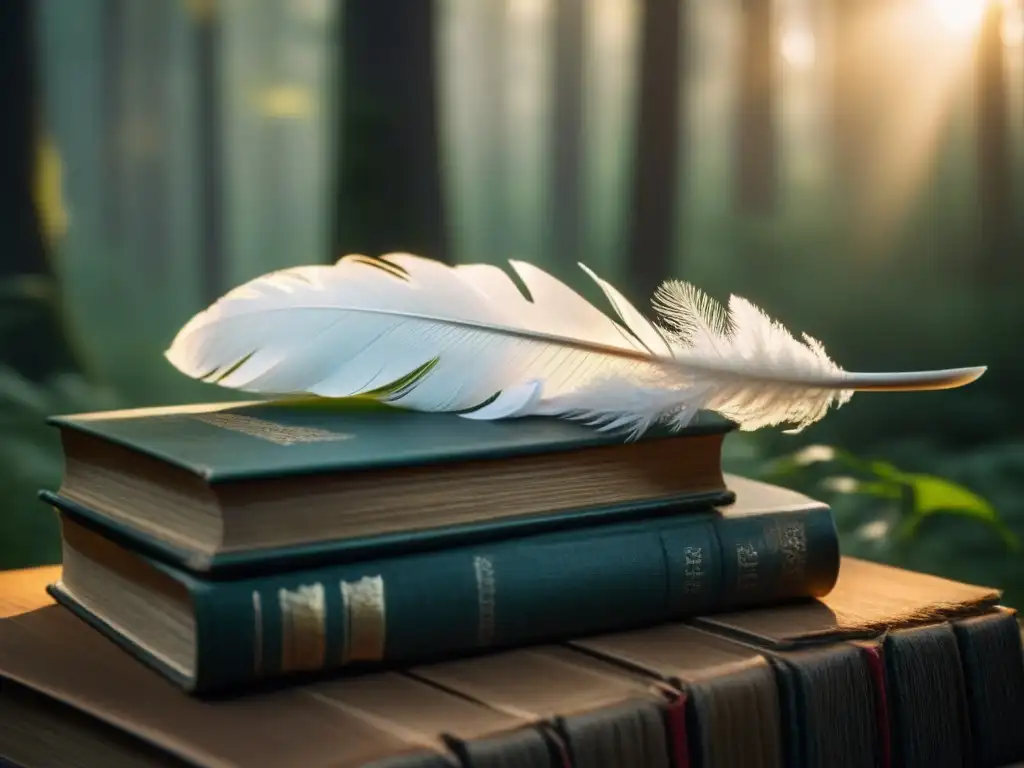 Un único plumón blanco reposa sobre libros antiguos en un bosque neblinoso, iluminado por luz cálida