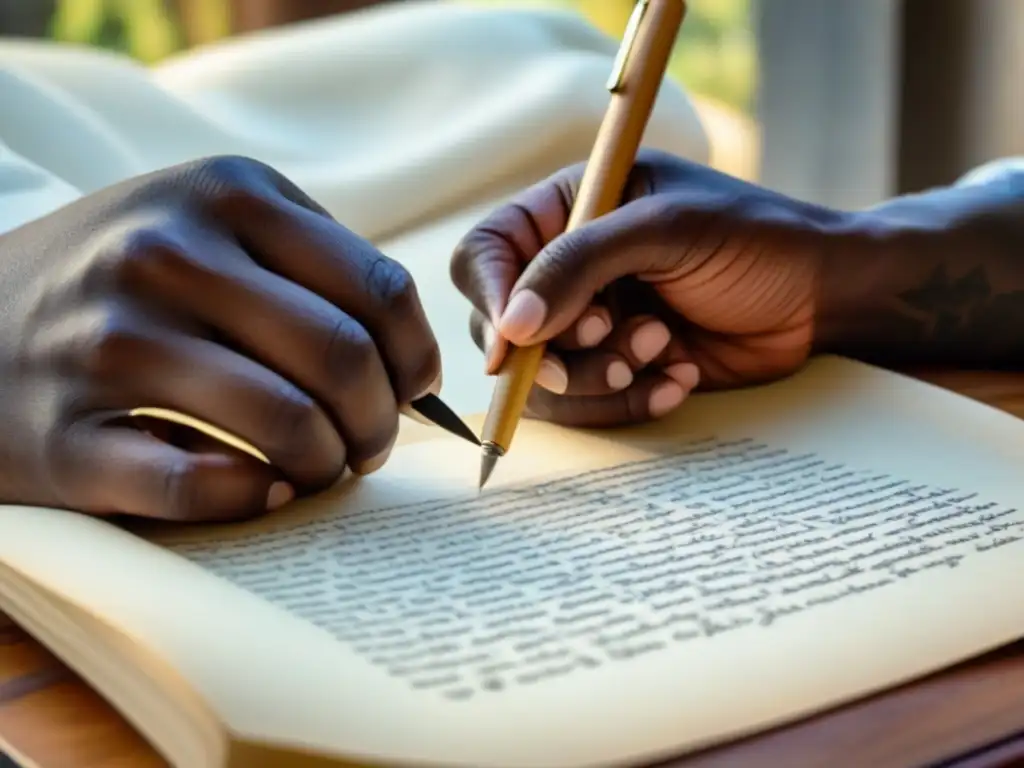 Unidas en diversidad cultural, manos escriben poesía con pluma sobre pergamino