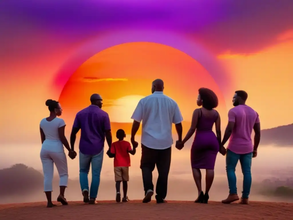 Unidos frente al atardecer africano: símbolo de fuerza y solidaridad Unidos bajo un cielo africano en llamas, la silueta simboliza la solidaridad y la fuerza en las luchas africanas