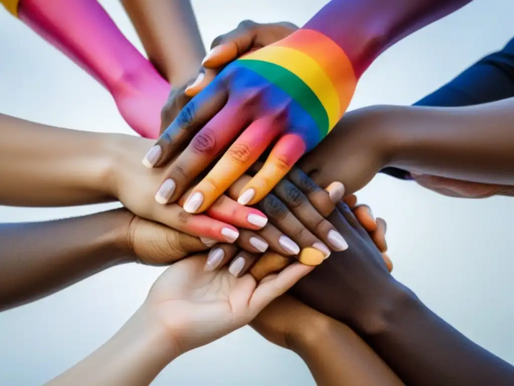 Unidos en diversidad: manos pintadas con la bandera LGBTQ+ en un fondo blanco, simbolizando la importancia de traducir poesía LGBTQ+