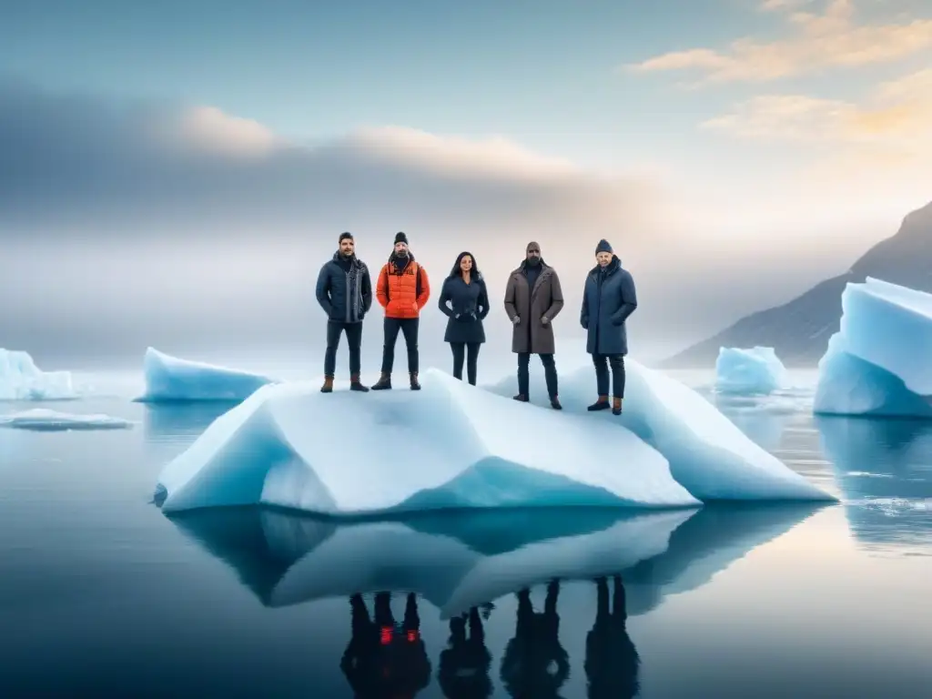 Unidos en esperanza, poetas luchan cambio climático con semillas sobre iceberg derritiéndose, rodeados de copos de nieve