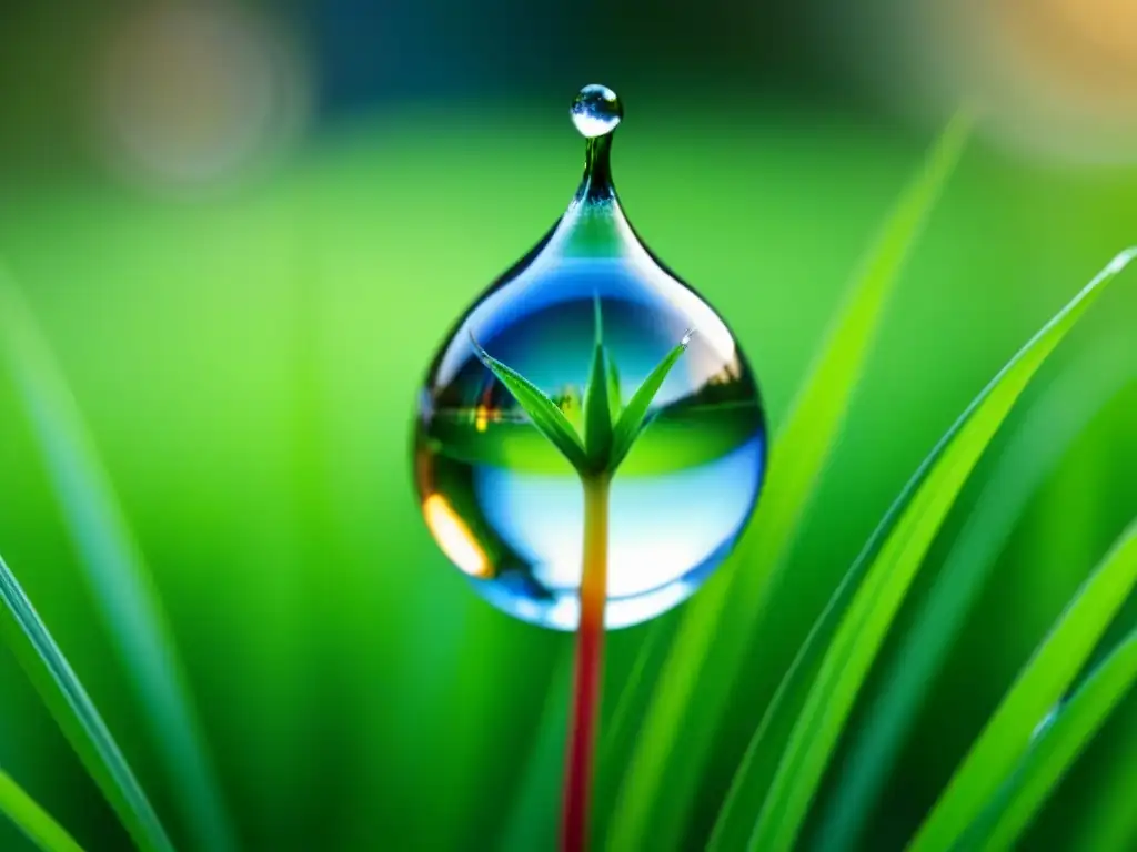 Un universo en una gota de rocío sobre una hoja verde brillante, reflejando la luz solar en un arcoíris de colores