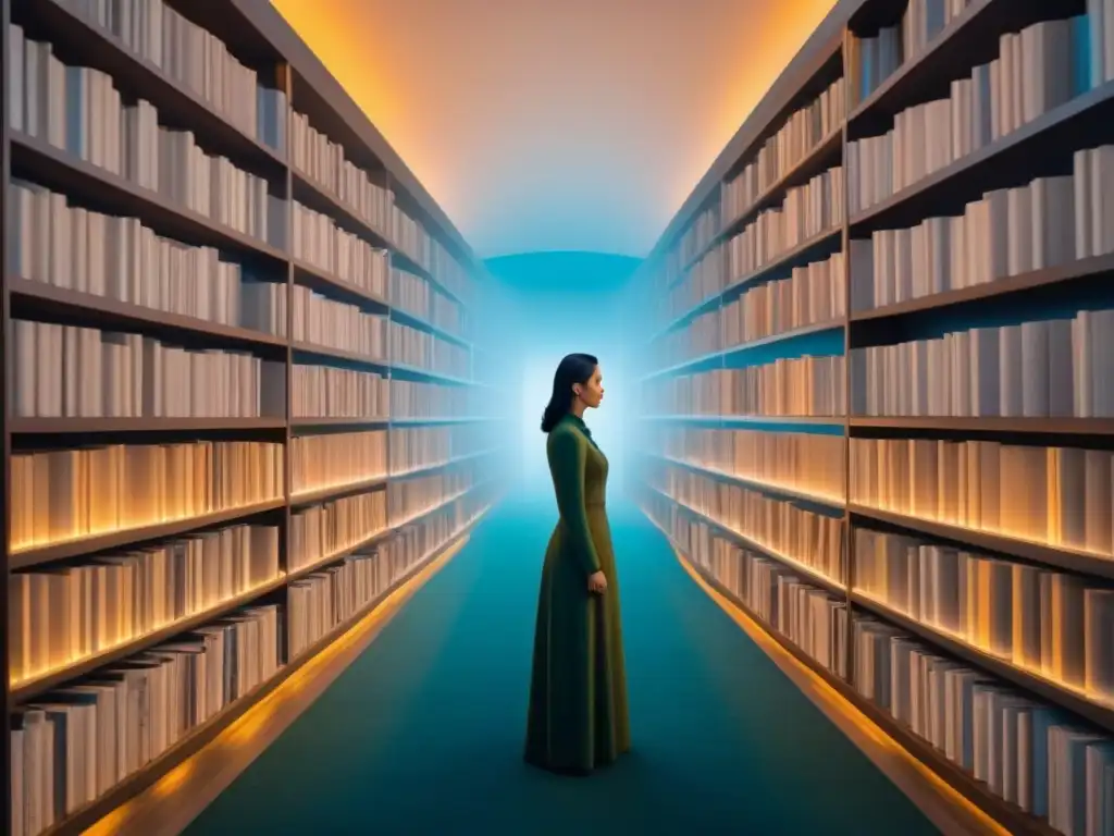Un universo infinito de libros en una biblioteca misteriosa, representando la idea de 'El Aleph' en Borges