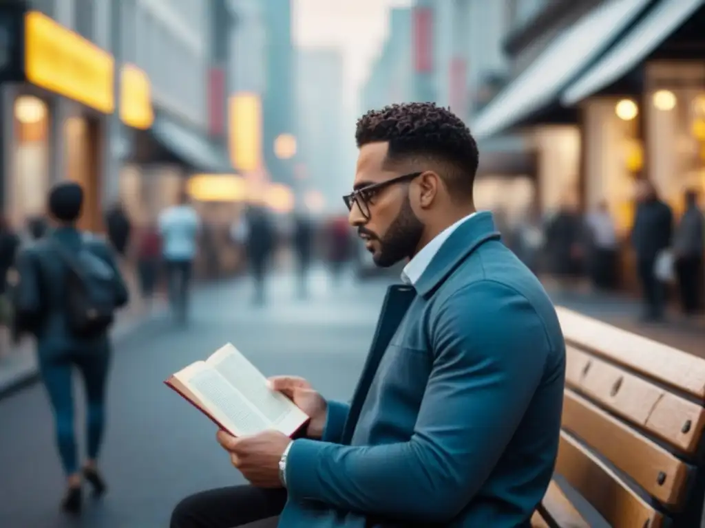 Transformación urbana a través de poesía: Persona leyendo poesía en bulliciosa ciudad en blanco y negro