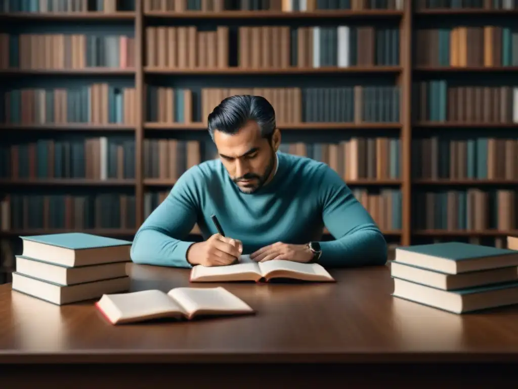 César Vallejo, rodeado de libros, escribiendo poesía en su escritorio