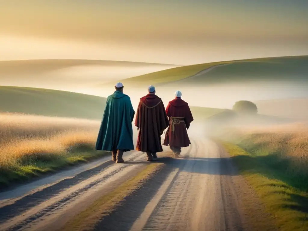 Viaje medieval: peregrinos de los Cuentos de Canterbury Un variado grupo de peregrinos medievales camina juntos por un polvoriento camino, representando el análisis crítico de Canterbury Tales