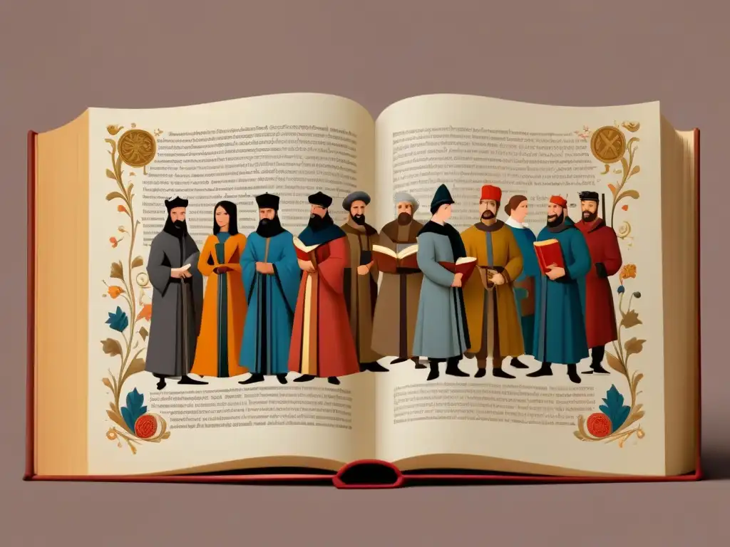 Imagen 8k detallada de personajes medievales en torno a un libro ornamental Un variado grupo de personajes medievales se reúne alrededor de un gran libro ornamental, reflejando la diversidad social en Inglaterra medieval