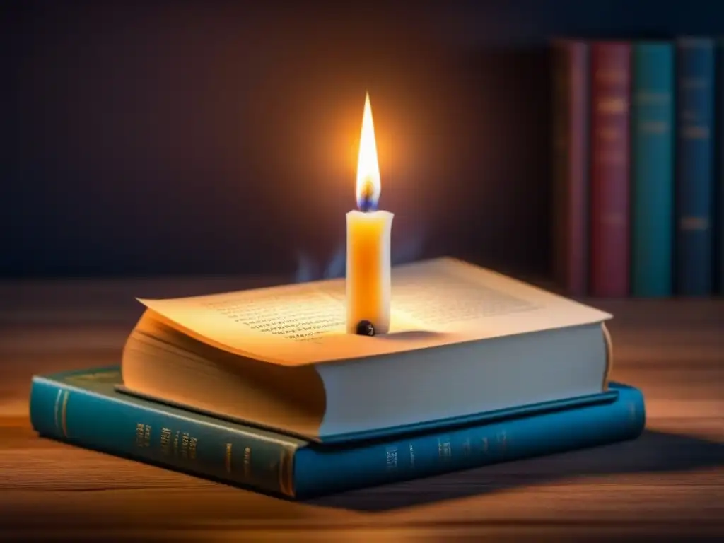 Una vela ilumina libros de poesía en una habitación oscura
