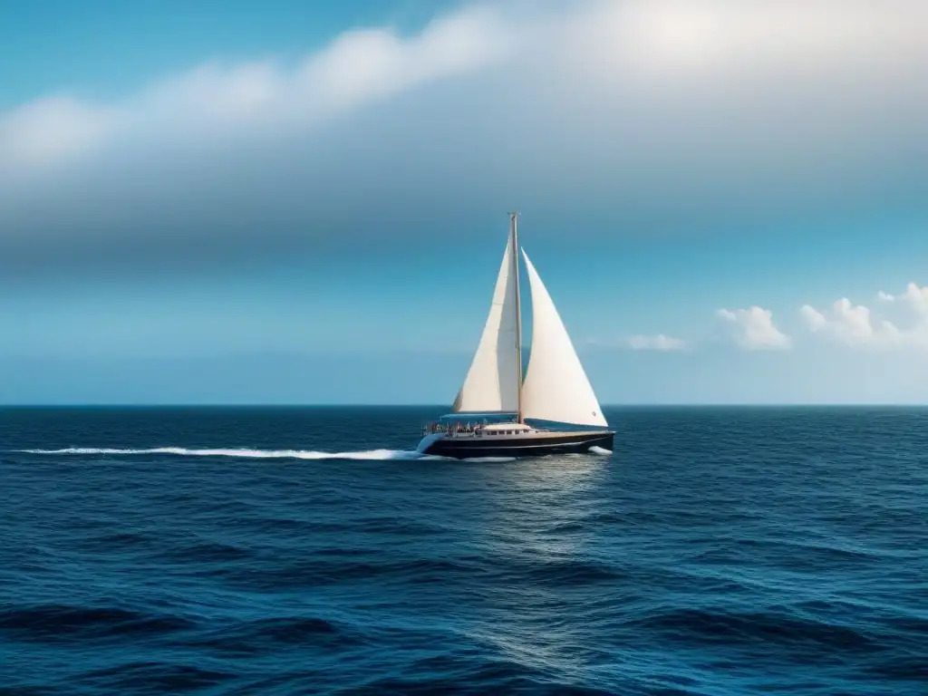 Un velero blanco elegante navega en un profundo océano azul, bajo un cielo despejado