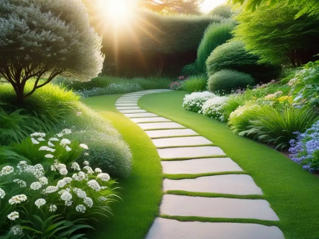 Un jardín verde exuberante con flores silvestres, un sendero de piedra y versos en espacios verdes poesía