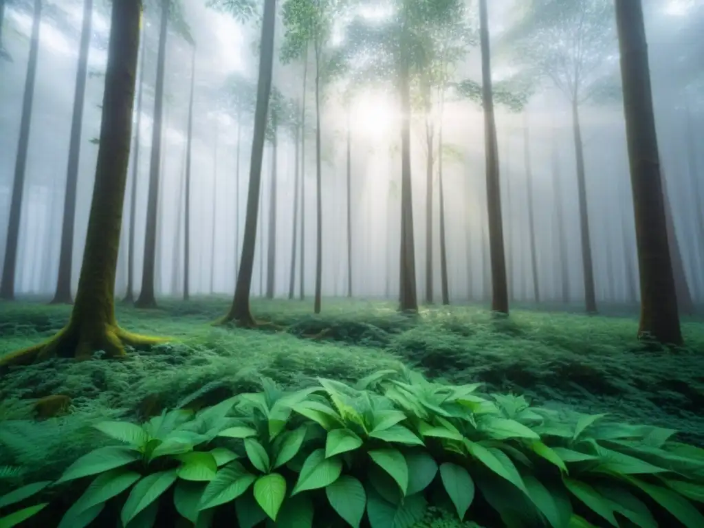 Poesía ecológica: bosque verde exuberante, luz solar entre hojas, sombras danzantes en el suelo