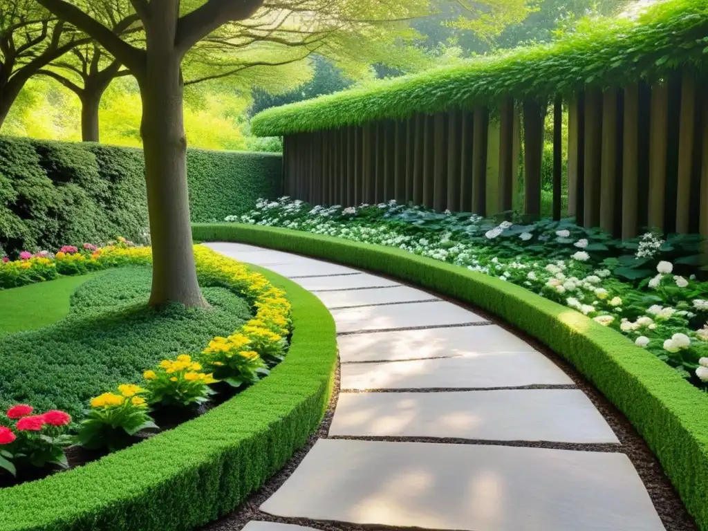 Un jardín verde con flores vibrantes, sendero de piedra y banco bajo árboles