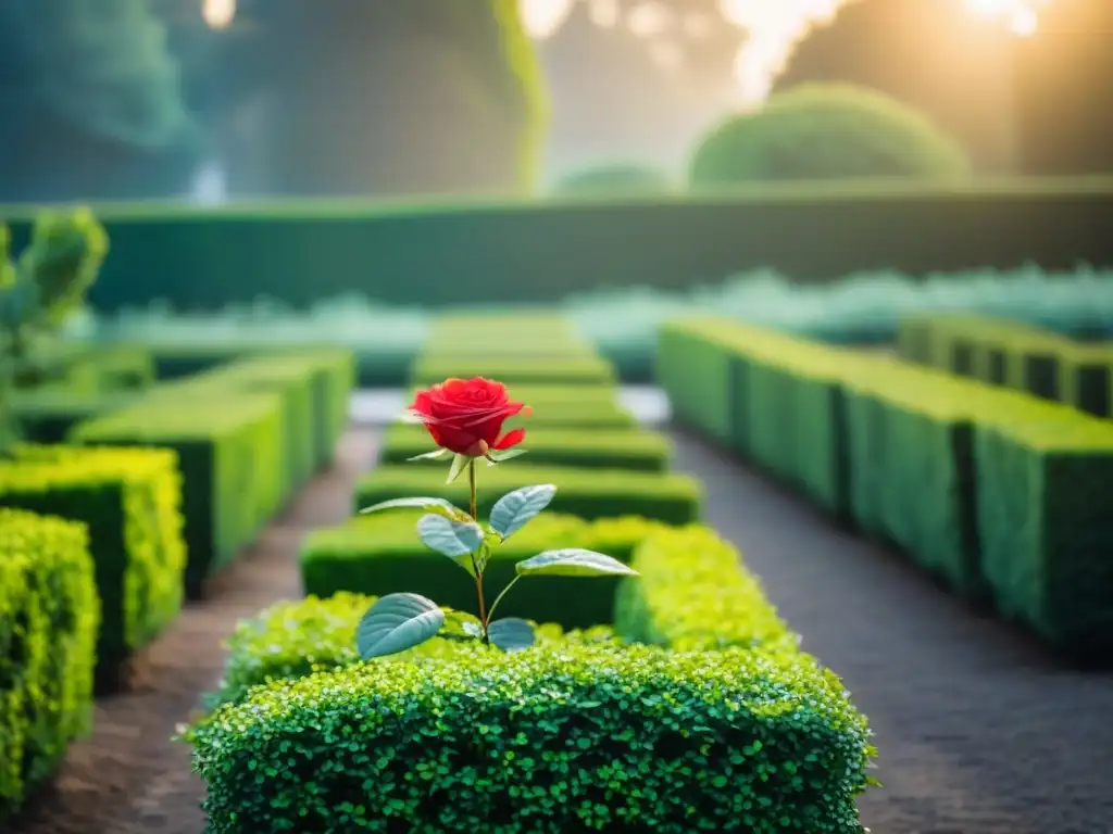 Jardín verde con rosa roja vibrante en el centro, hileras de setos y arroyo