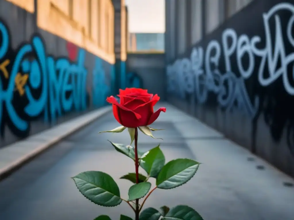 Un verso de poesía: una rosa roja floreciendo entre paredes de concreto llenas de grafitis simbolizando unidad, libertad y justicia